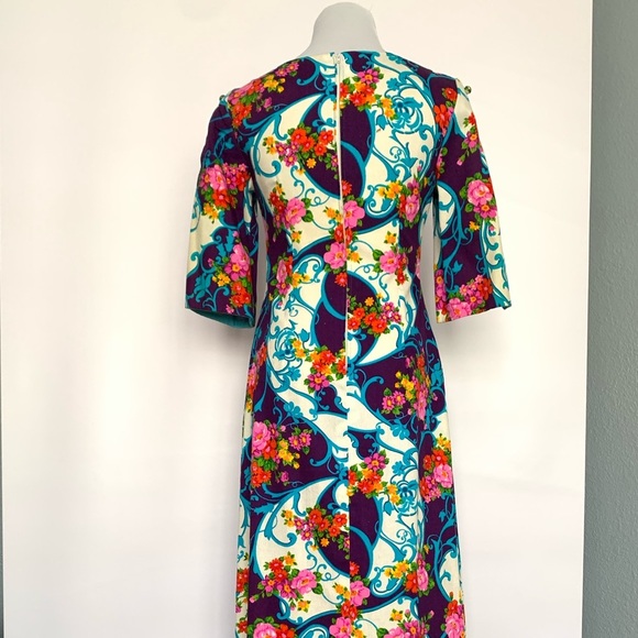 Vintage 60s Hawaiian Floral Barkcloth Maxi Dress - Picture 13 of 15